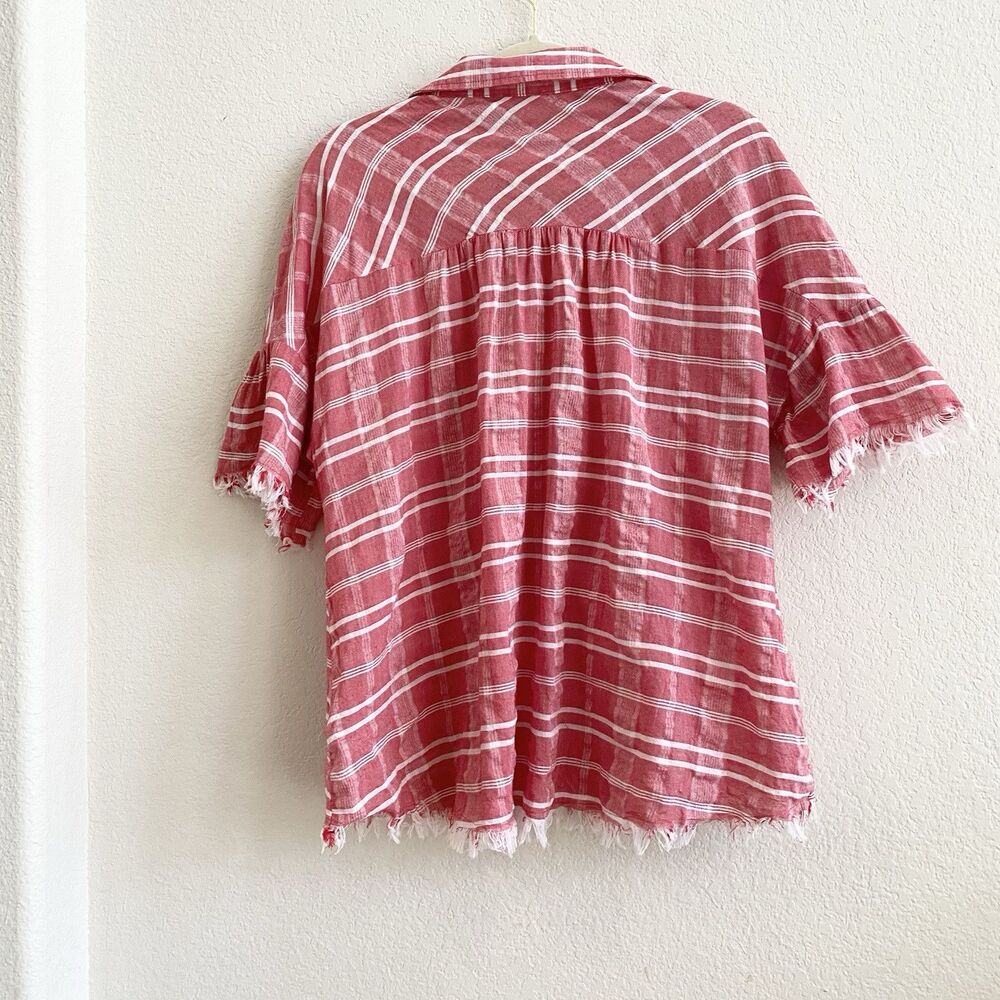 UMGEE Southern‎ Bohemian Gingham Oversized Shirt Fringed Red White Women's L - Picture 10 of 10